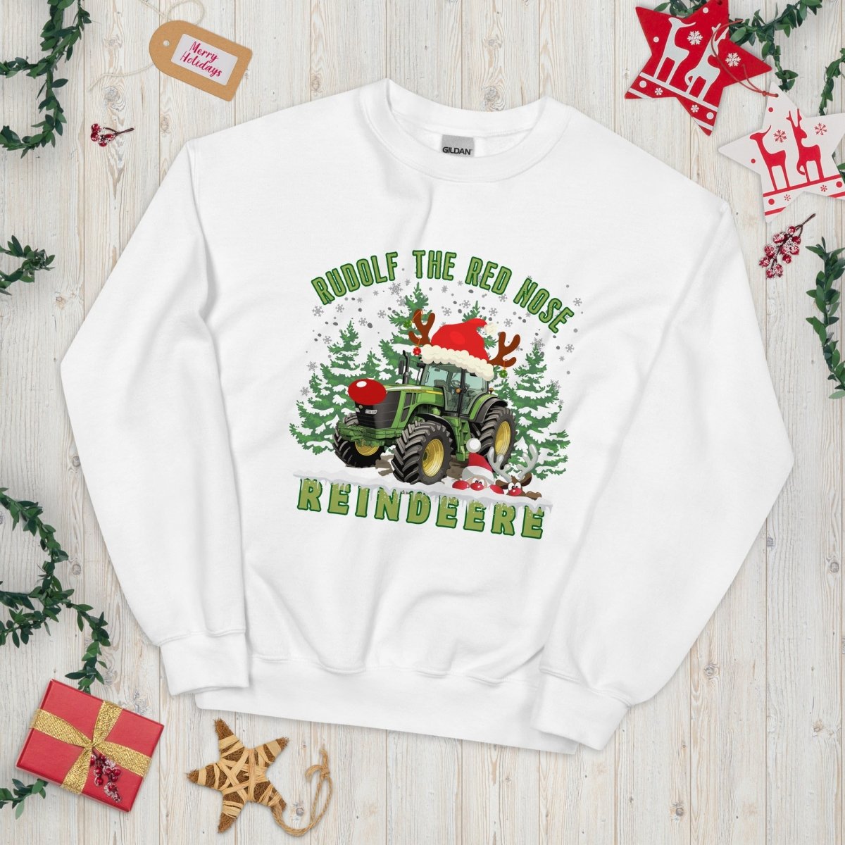 Farmer Christmas Sweater - High Quality Green Tractor Sweatshirt, Gift for Farmer, Rudolf the Red Nose Reindeer, Gift for Tractor Lover - Everything Pixel