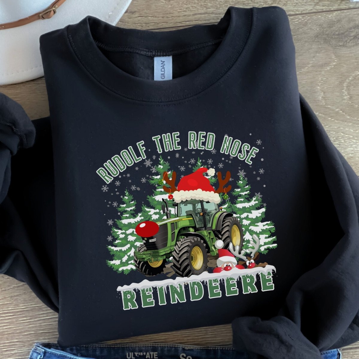 Farmer Christmas Sweater - High Quality Green Tractor Sweatshirt, Gift for Farmer, Rudolf the Red Nose Reindeer, Gift for Tractor Lover - Everything Pixel