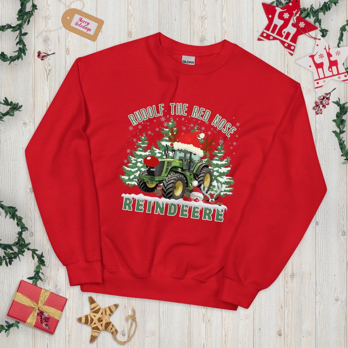 Farmer Christmas Sweater - High Quality Green Tractor Sweatshirt, Gift for Farmer, Rudolf the Red Nose Reindeer, Gift for Tractor Lover - Everything Pixel