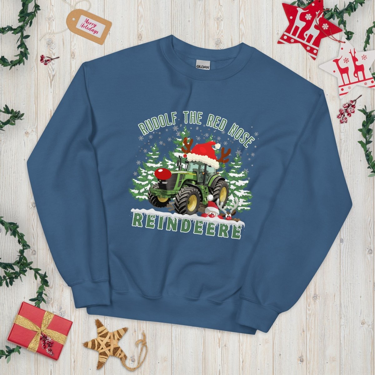 Farmer Christmas Sweater - High Quality Green Tractor Sweatshirt, Gift for Farmer, Rudolf the Red Nose Reindeer, Gift for Tractor Lover - Everything Pixel
