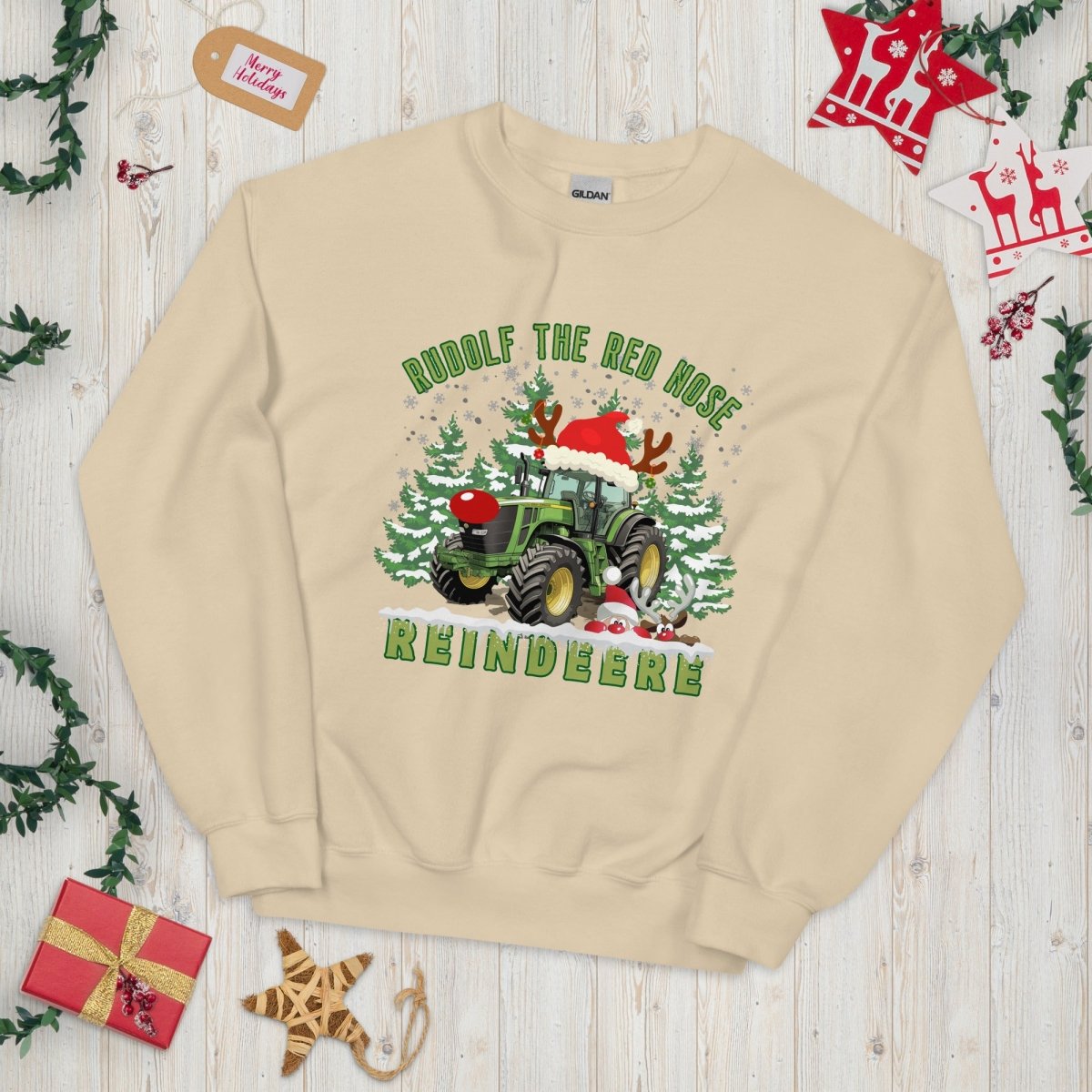 Farmer Christmas Sweater - High Quality Green Tractor Sweatshirt, Gift for Farmer, Rudolf the Red Nose Reindeer, Gift for Tractor Lover - Everything Pixel