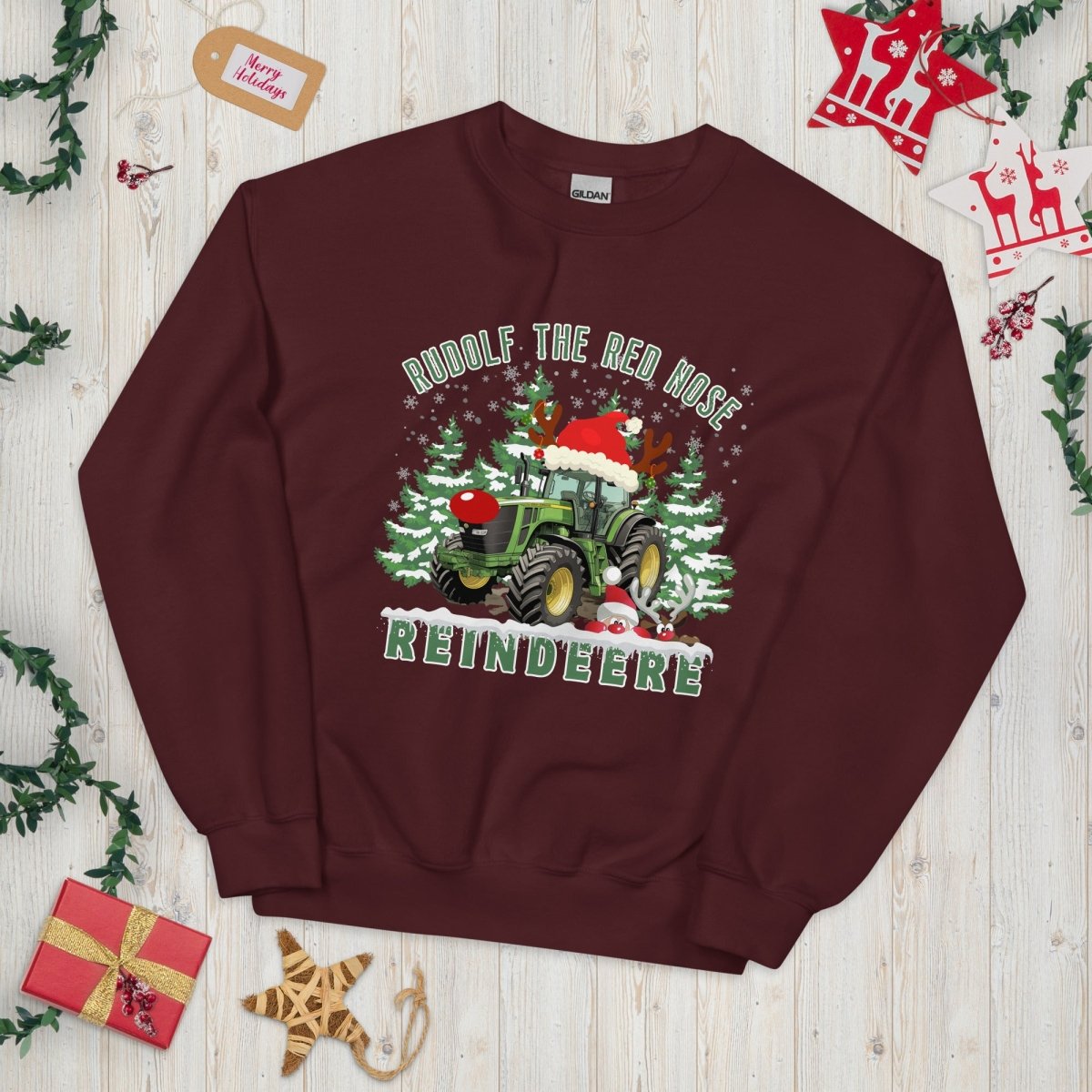 Farmer Christmas Sweater - High Quality Green Tractor Sweatshirt, Gift for Farmer, Rudolf the Red Nose Reindeer, Gift for Tractor Lover - Everything Pixel