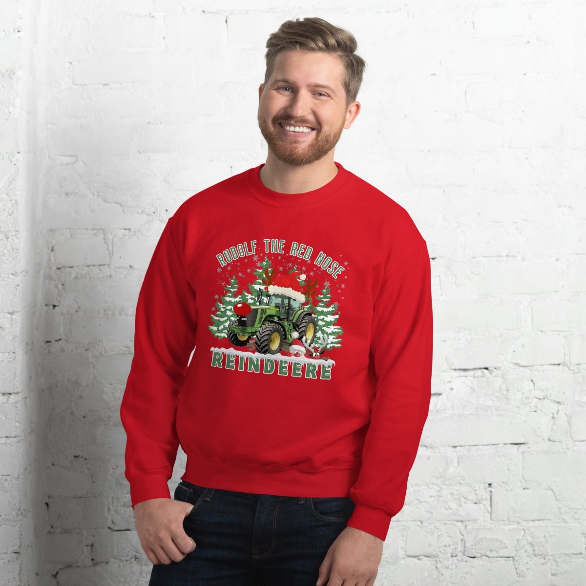 Farmer Christmas Sweater - High Quality Green Tractor Sweatshirt, Gift for Farmer, Rudolf the Red Nose Reindeer, Gift for Tractor Lover - Everything Pixel