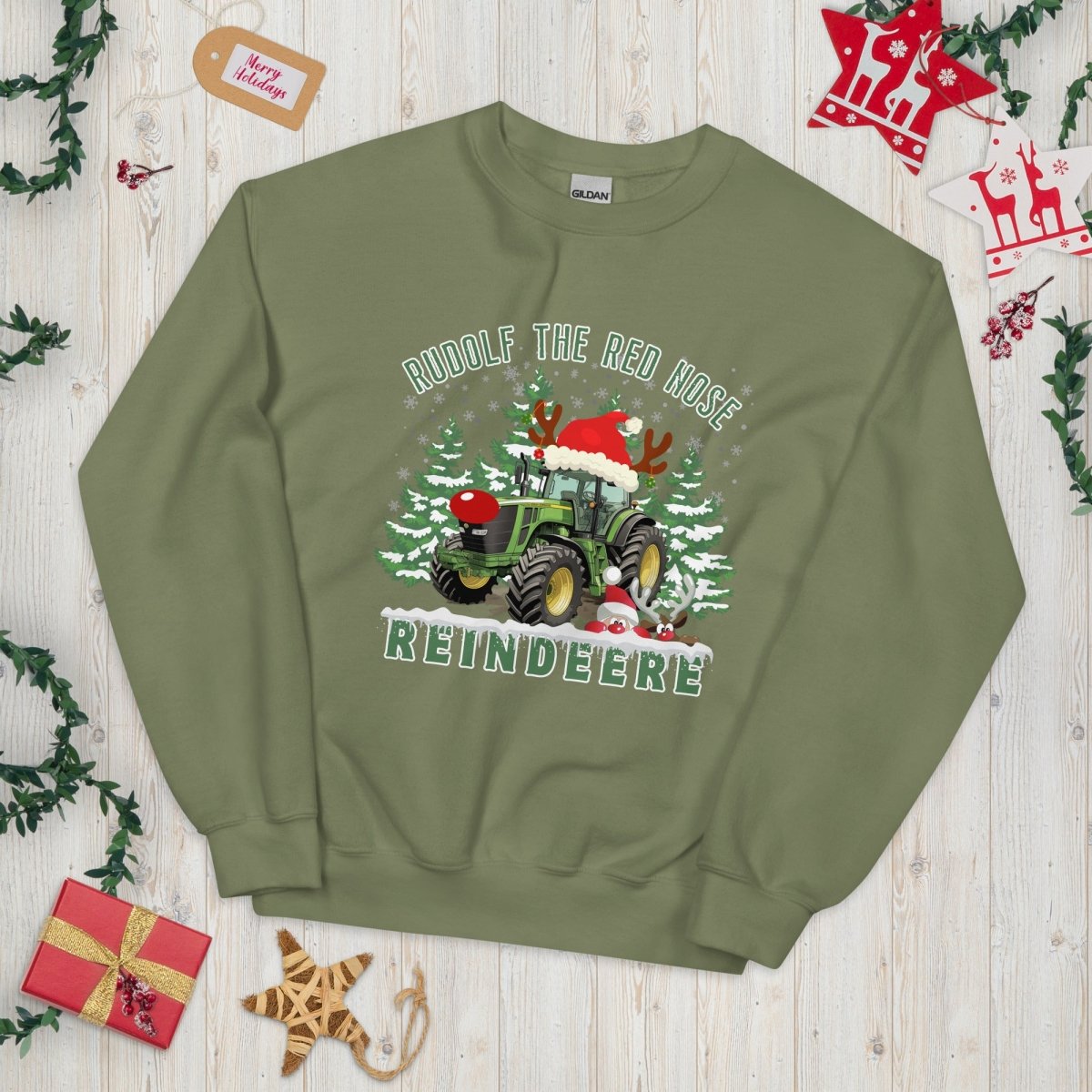 Farmer Christmas Sweater - High Quality Green Tractor Sweatshirt, Gift for Farmer, Rudolf the Red Nose Reindeer, Gift for Tractor Lover - Everything Pixel