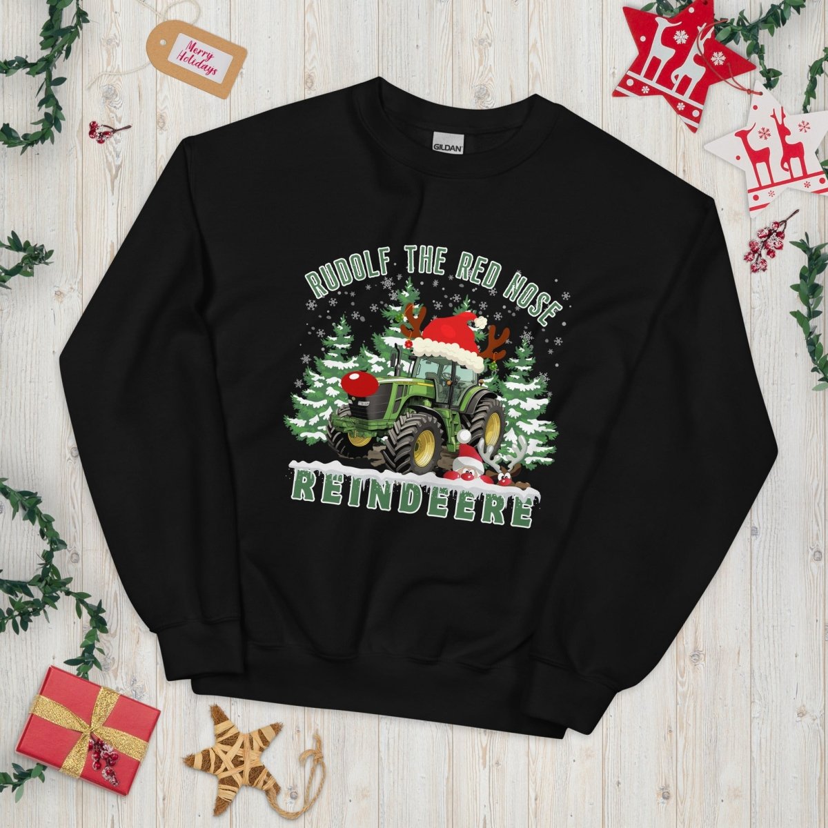 Farmer Christmas Sweater - High Quality Green Tractor Sweatshirt, Gift for Farmer, Rudolf the Red Nose Reindeer, Gift for Tractor Lover - Everything Pixel