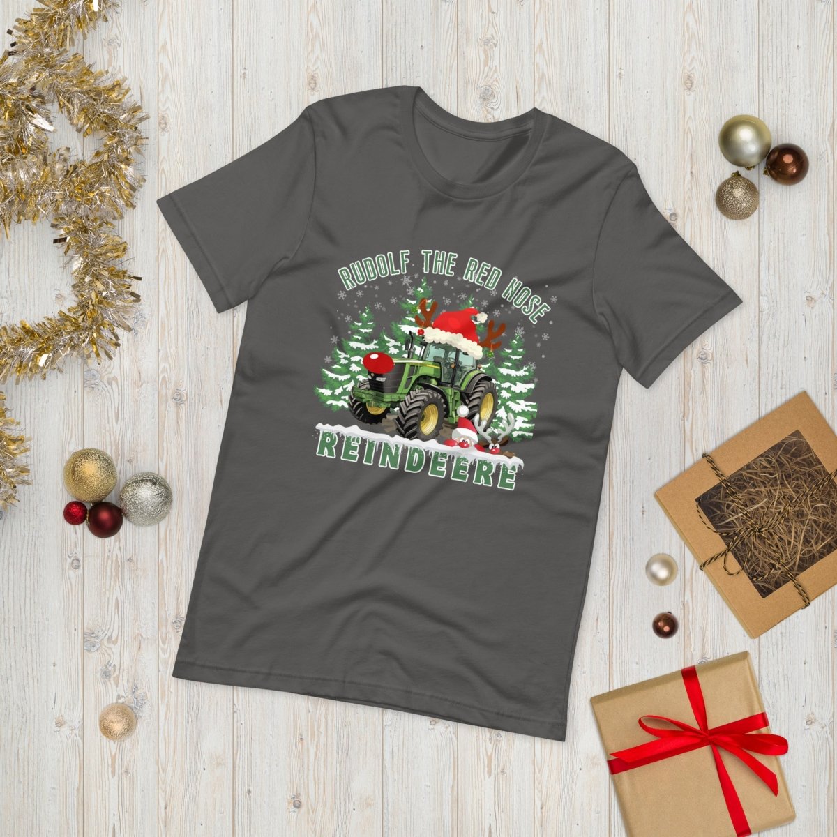 Farmer Christmas T-Shirt - High Quality Green Tractor Shirt, Funny Gift for Farmer, Rudolf the Red Nose Reindeer, Gift for Tractor Lover - Everything Pixel