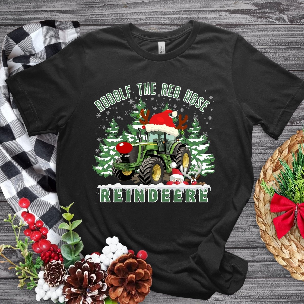 Farmer Christmas T-Shirt - High Quality Green Tractor Shirt, Funny Gift for Farmer, Rudolf the Red Nose Reindeer, Gift for Tractor Lover - Everything Pixel
