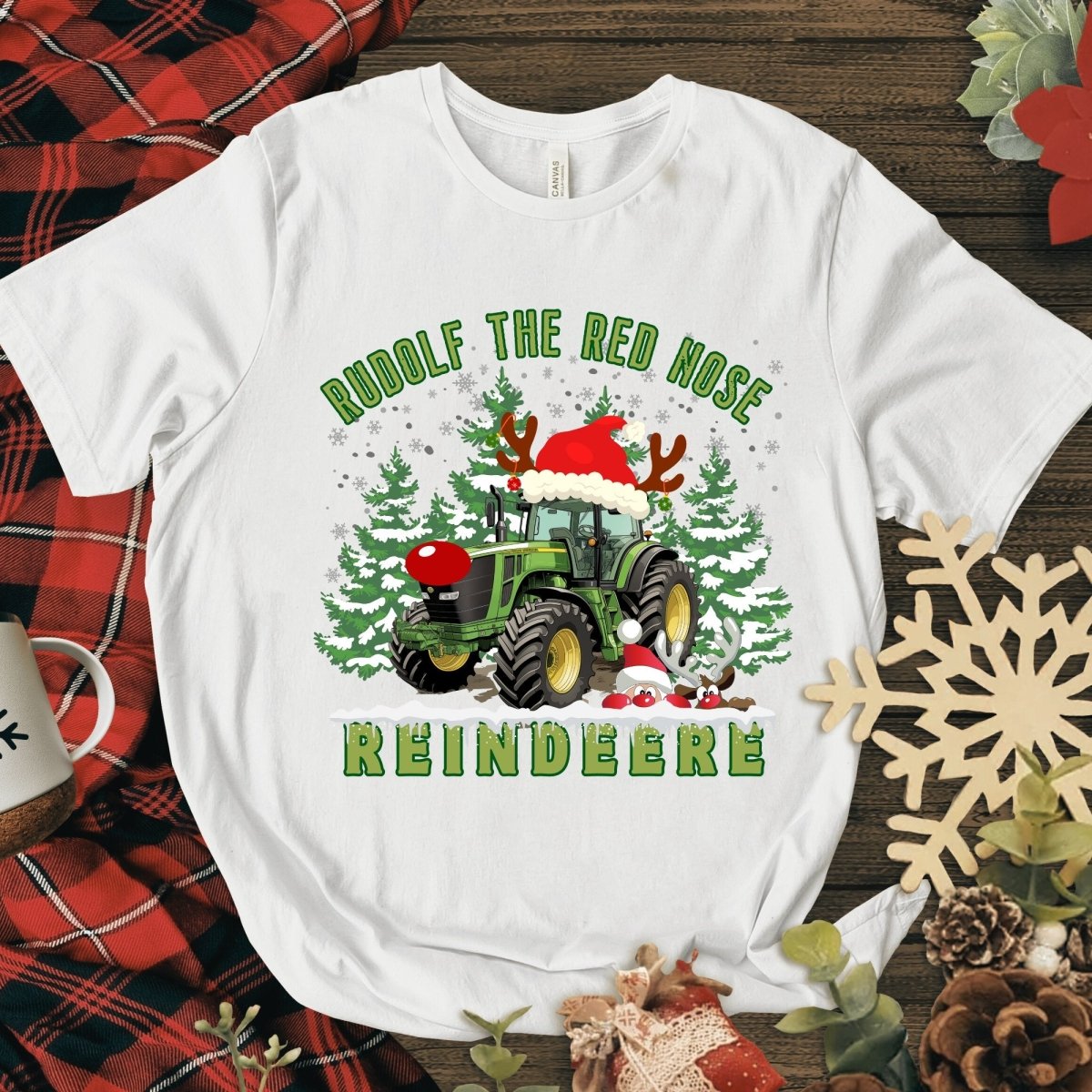 Farmer Christmas T-Shirt - High Quality Green Tractor Shirt, Funny Gift for Farmer, Rudolf the Red Nose Reindeer, Gift for Tractor Lover - Everything Pixel
