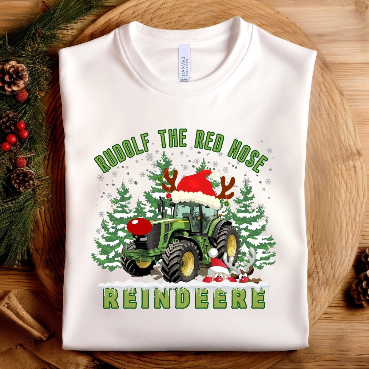 Farmer Christmas T-Shirt - High Quality Green Tractor Shirt, Funny Gift for Farmer, Rudolf the Red Nose Reindeer, Gift for Tractor Lover - Everything Pixel