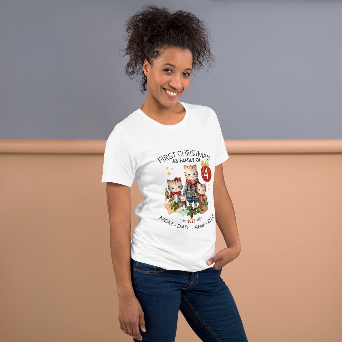 First Christmas as Family of Four - Personalised High Quality Unisex T-Shirt, Cute Custom Tee, First Holiday second Child, Matching Shirt - Everything Pixel