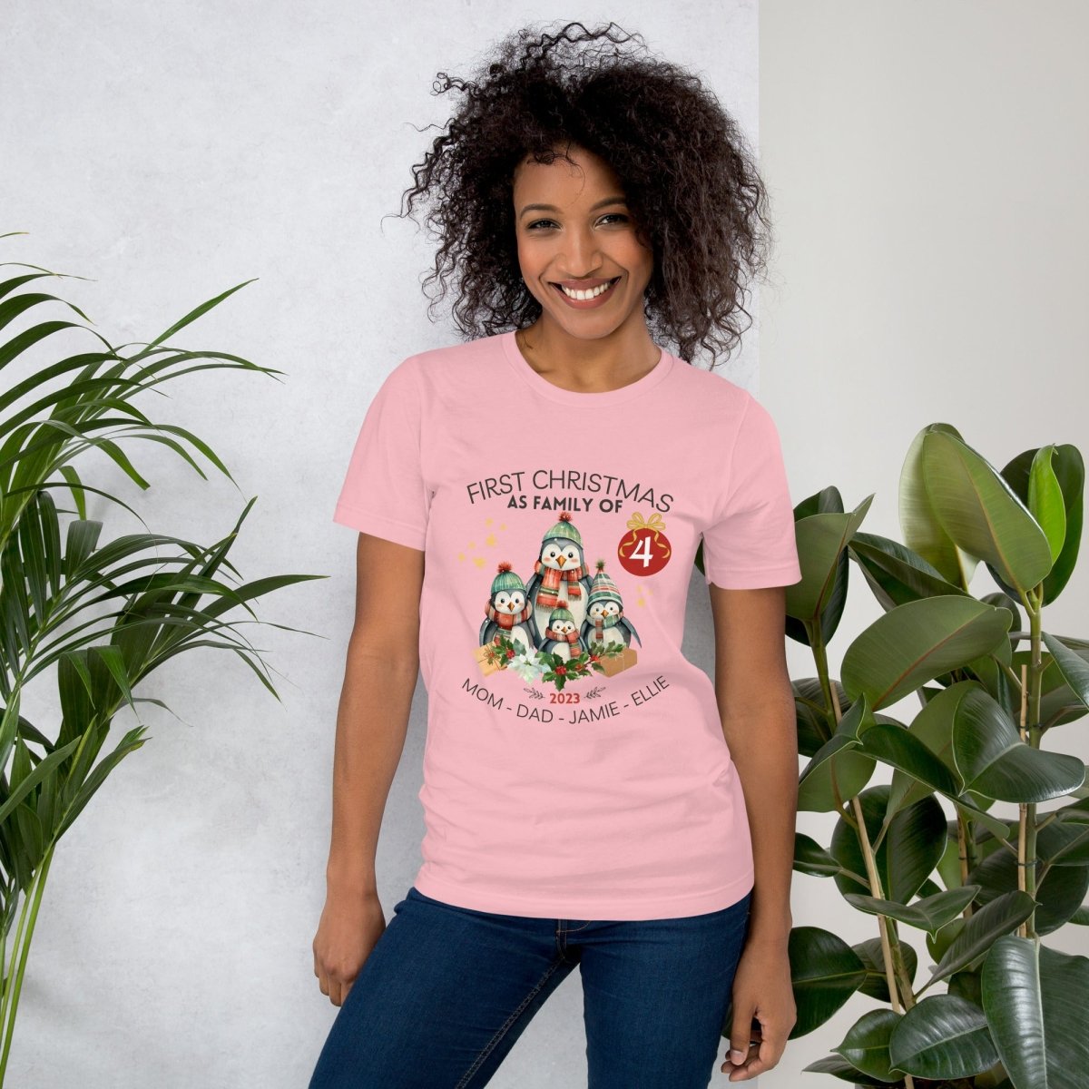 First Christmas as Family of Four - Personalised High Quality Unisex T-Shirt, Cute Custom Tee, First Holiday second Child, Matching Shirt - Everything Pixel