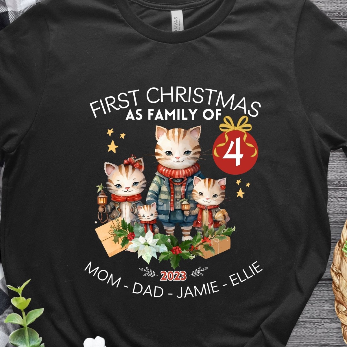 First Christmas as Family of Four - Personalised High Quality Unisex T-Shirt, Cute Custom Tee, First Holiday second Child, Matching Shirt - Everything Pixel