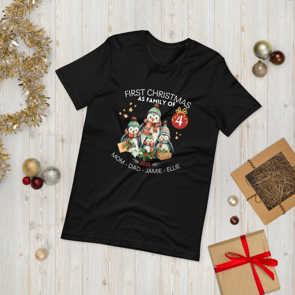 First Christmas as Family of Four - Personalised High Quality Unisex T-Shirt, Cute Custom Tee, First Holiday second Child, Matching Shirt - Everything Pixel