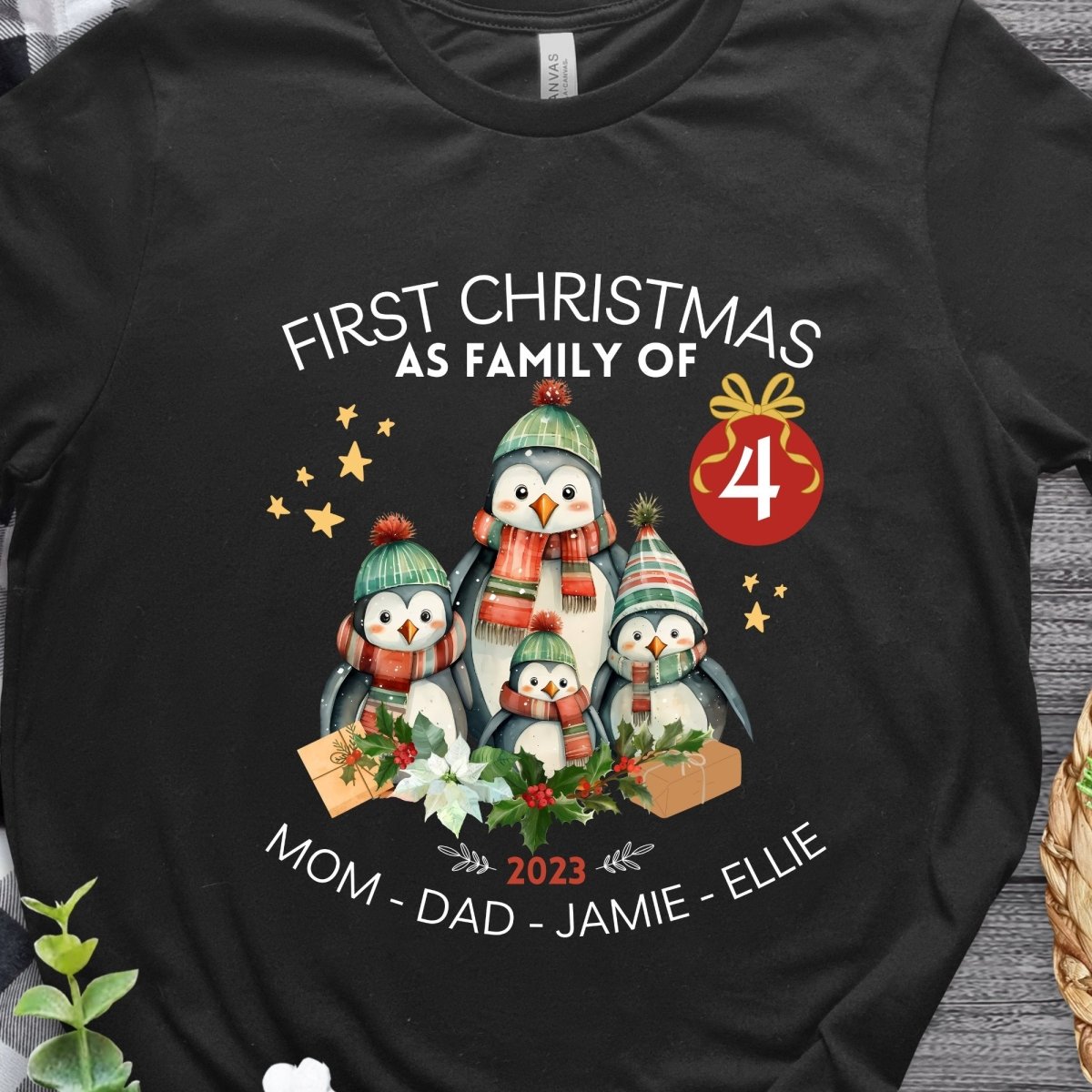 First Christmas as Family of Four - Personalised High Quality Unisex T-Shirt, Cute Custom Tee, First Holiday second Child, Matching Shirt - Everything Pixel