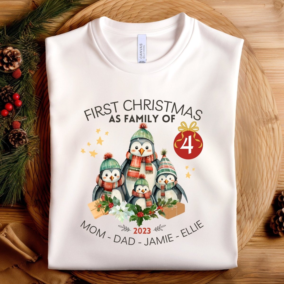 First Christmas as Family of Four - Personalised High Quality Unisex T-Shirt, Cute Custom Tee, First Holiday second Child, Matching Shirt - Everything Pixel