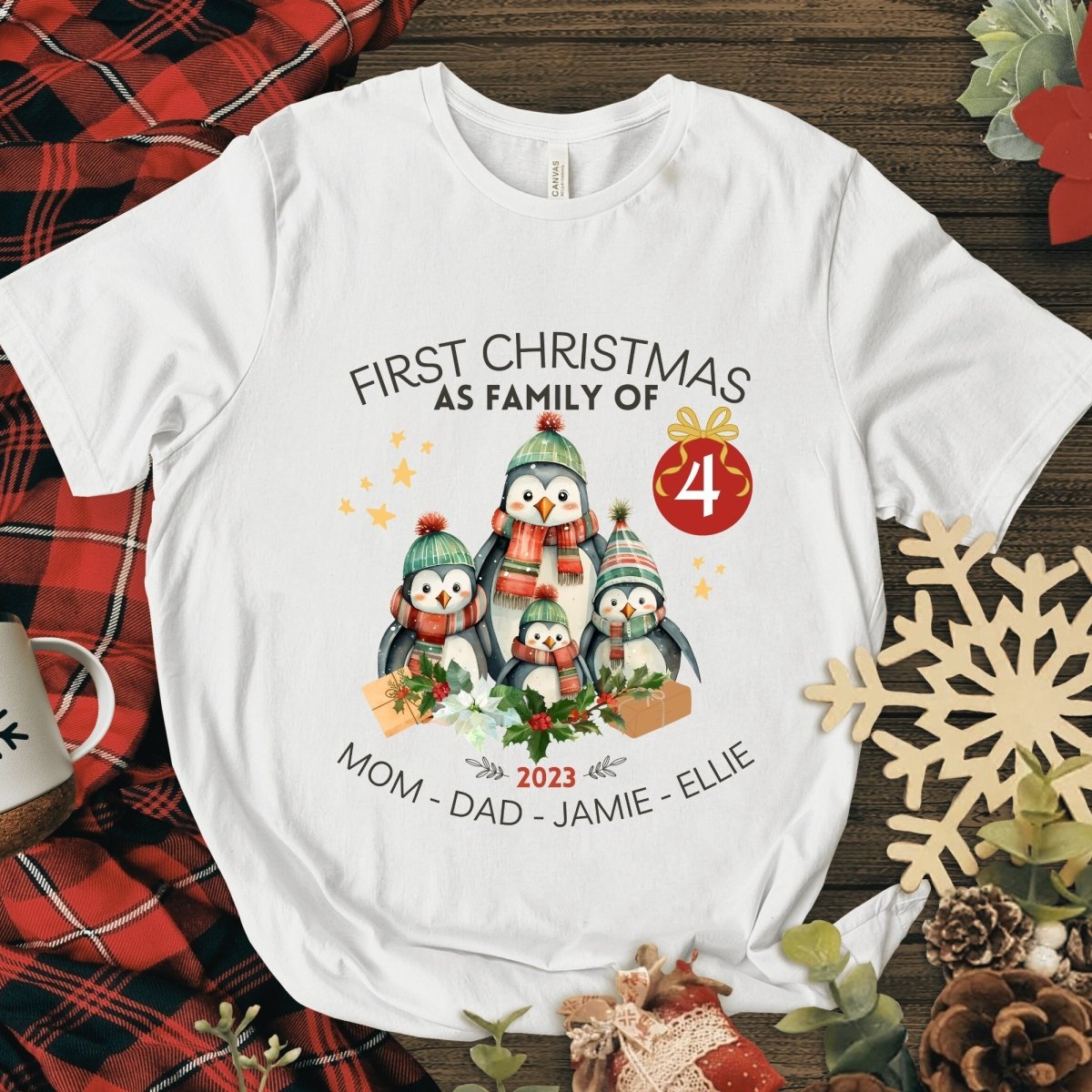 First Christmas as Family of Four - Personalised High Quality Unisex T-Shirt, Cute Custom Tee, First Holiday second Child, Matching Shirt - Everything Pixel