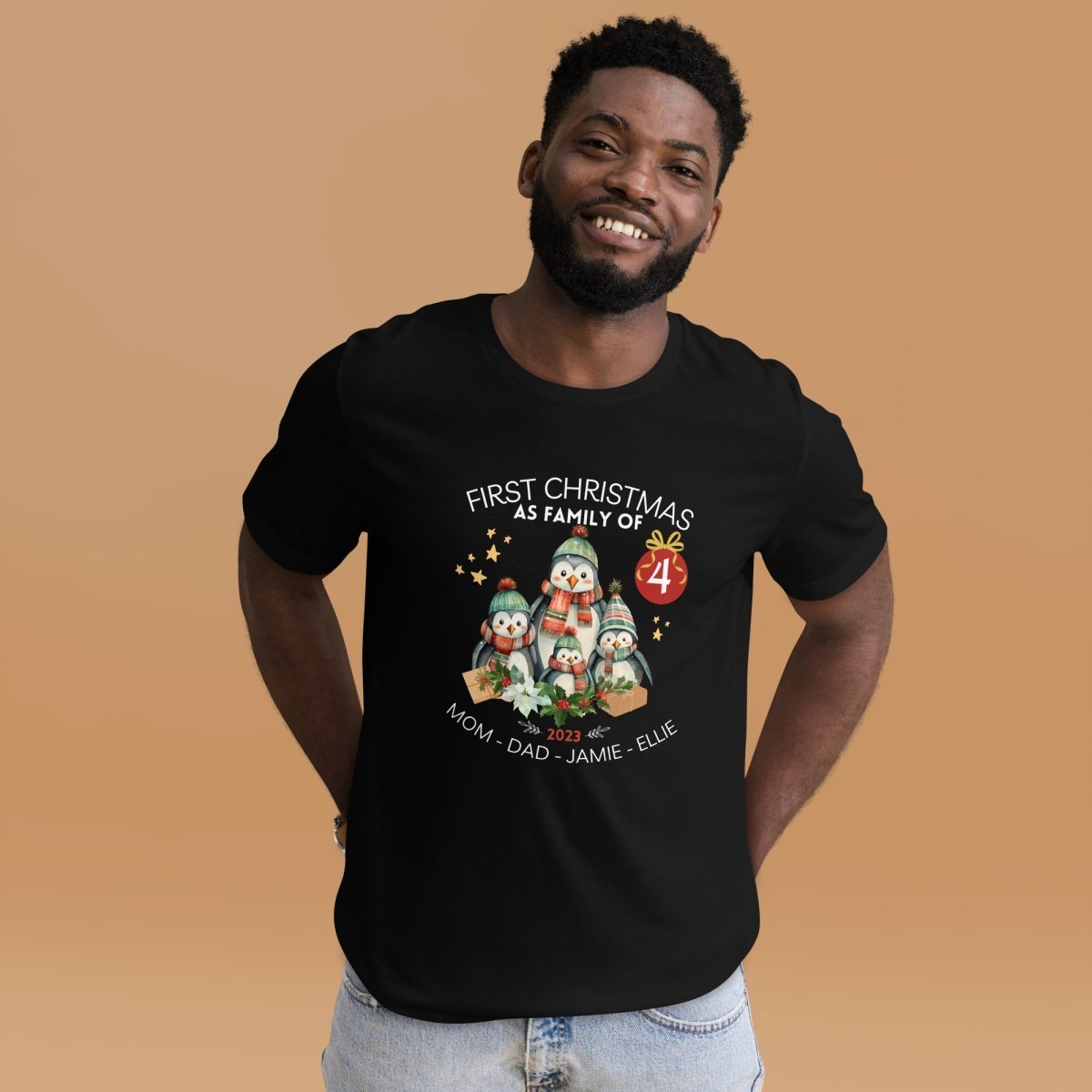 First Christmas as Family of Four - Personalised High Quality Unisex T-Shirt, Cute Custom Tee, First Holiday second Child, Matching Shirt - Everything Pixel