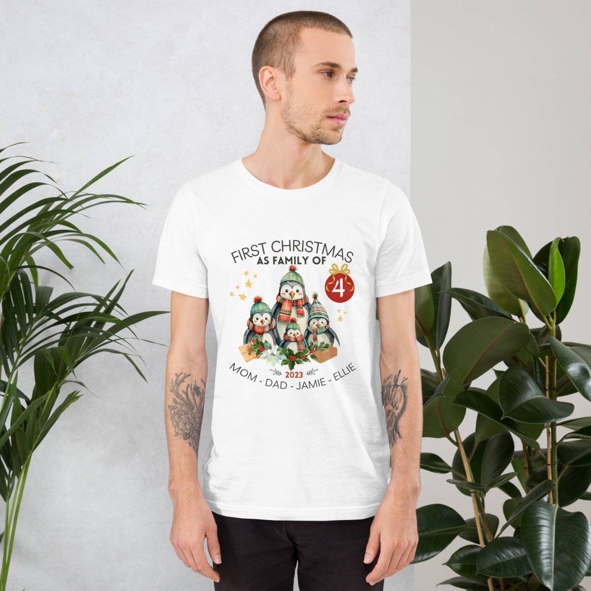 First Christmas as Family of Four - Personalised High Quality Unisex T-Shirt, Cute Custom Tee, First Holiday second Child, Matching Shirt - Everything Pixel