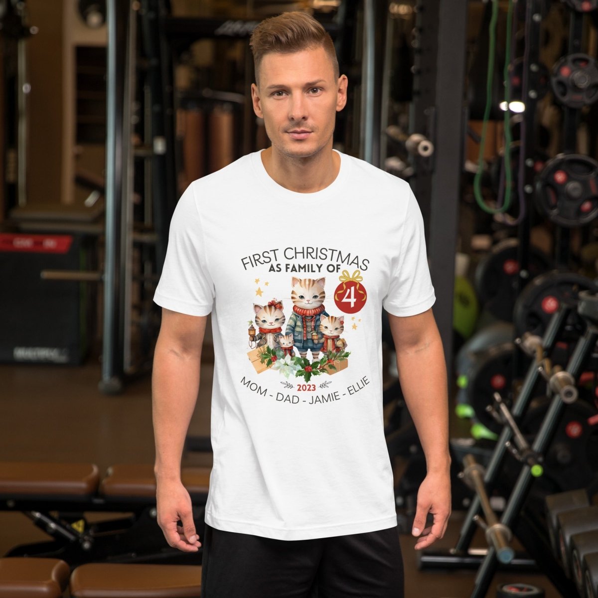 First Christmas as Family of Four - Personalised High Quality Unisex T-Shirt, Cute Custom Tee, First Holiday second Child, Matching Shirt - Everything Pixel