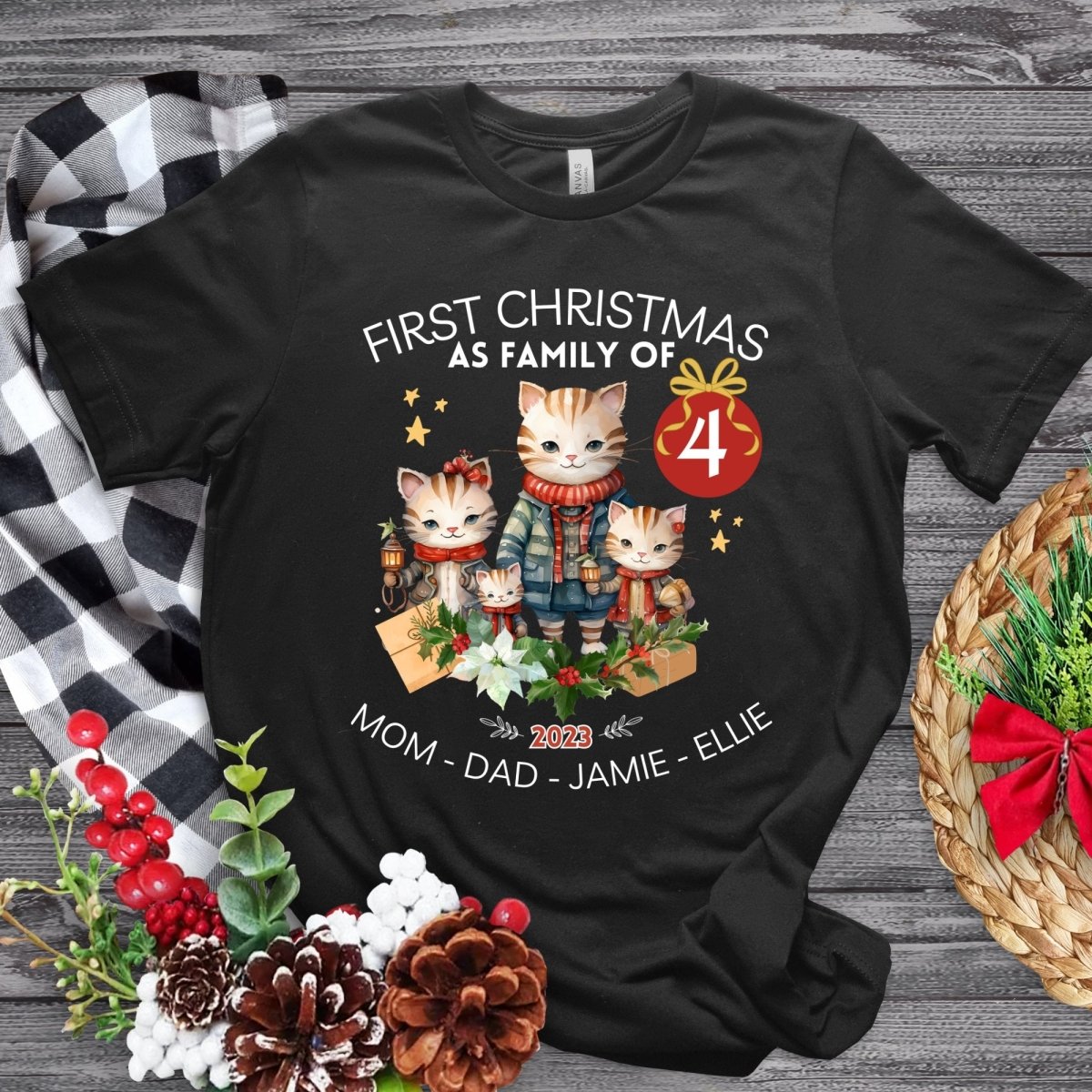 First Christmas as Family of Four - Personalised High Quality Unisex T-Shirt, Cute Custom Tee, First Holiday second Child, Matching Shirt - Everything Pixel