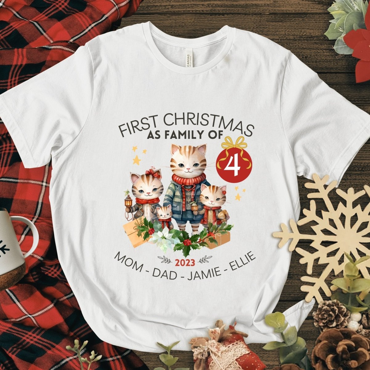 First Christmas as Family of Four - Personalised High Quality Unisex T-Shirt, Cute Custom Tee, First Holiday second Child, Matching Shirt - Everything Pixel