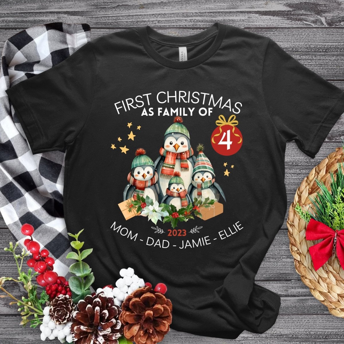 First Christmas as Family of Four - Personalised High Quality Unisex T-Shirt, Cute Custom Tee, First Holiday second Child, Matching Shirt - Everything Pixel
