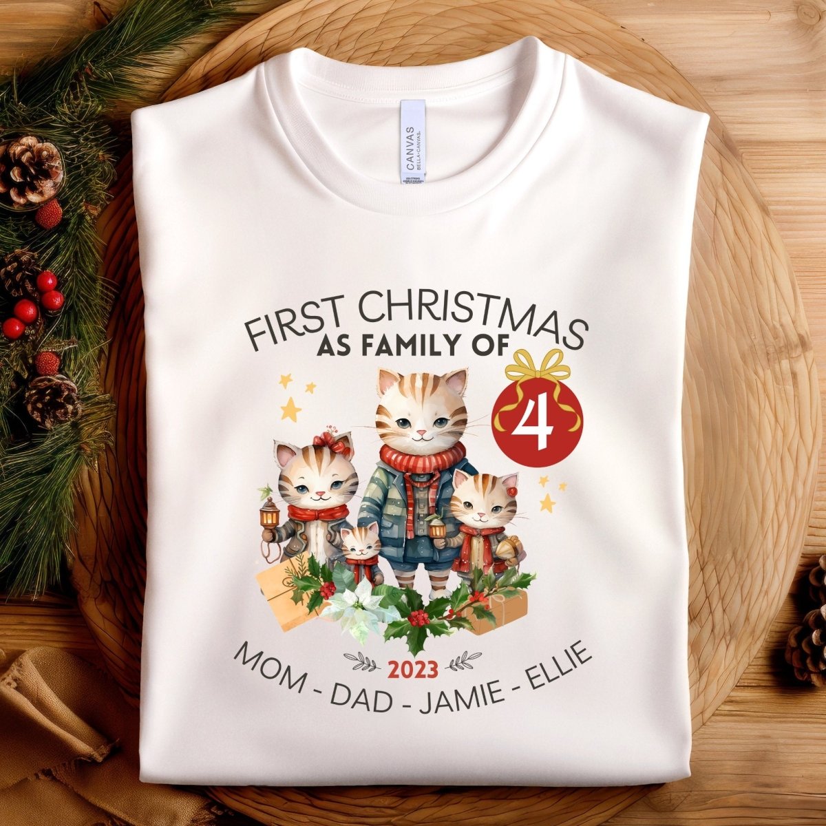 First Christmas as Family of Four - Personalised High Quality Unisex T-Shirt, Cute Custom Tee, First Holiday second Child, Matching Shirt - Everything Pixel