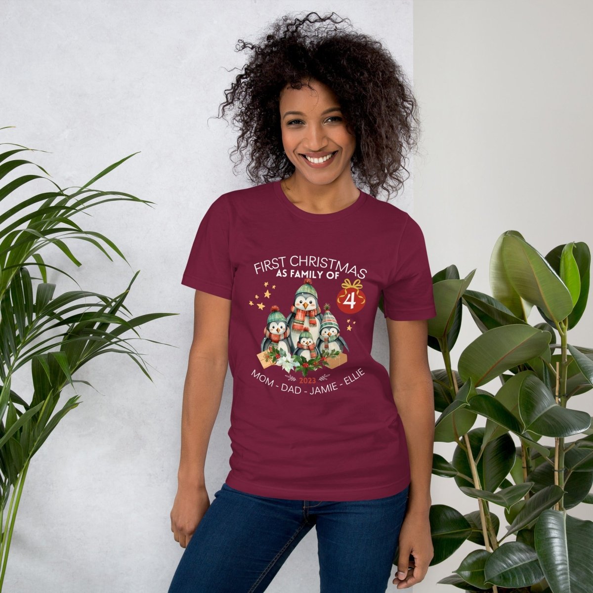 First Christmas as Family of Four - Personalised High Quality Unisex T-Shirt, Cute Custom Tee, First Holiday second Child, Matching Shirt - Everything Pixel