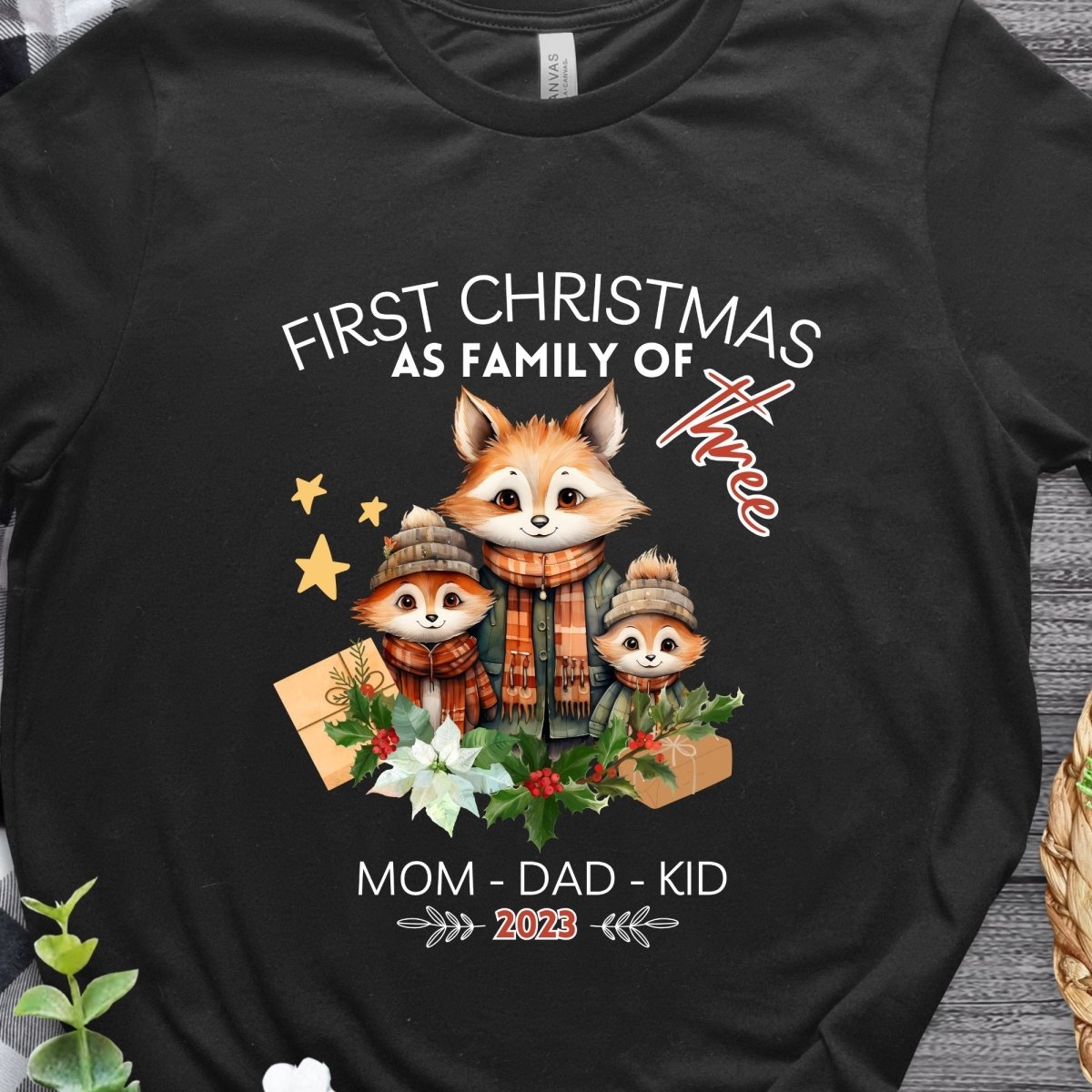 First Christmas as Family of Three - Personalised High Quality Unisex T-Shirt, Cute Custom Tee, First Holiday with Child, Matching Shirt - Everything Pixel
