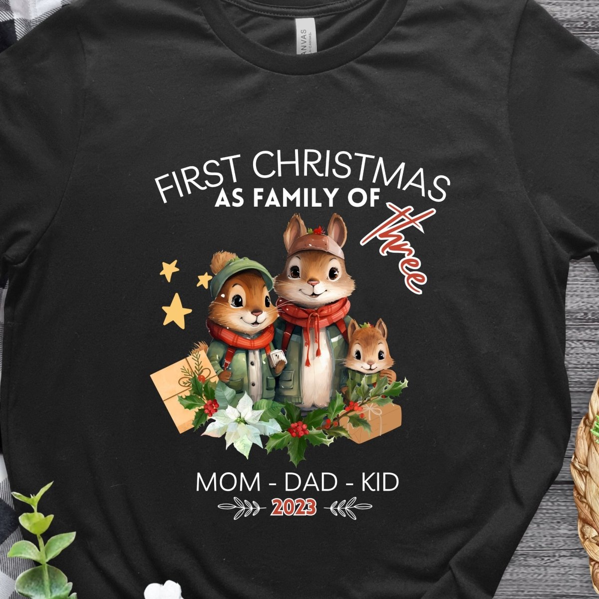 First Christmas as Family of Three - Personalised High Quality Unisex T-Shirt, Cute Custom Tee, First Holiday with Child, Matching Shirt - Everything Pixel