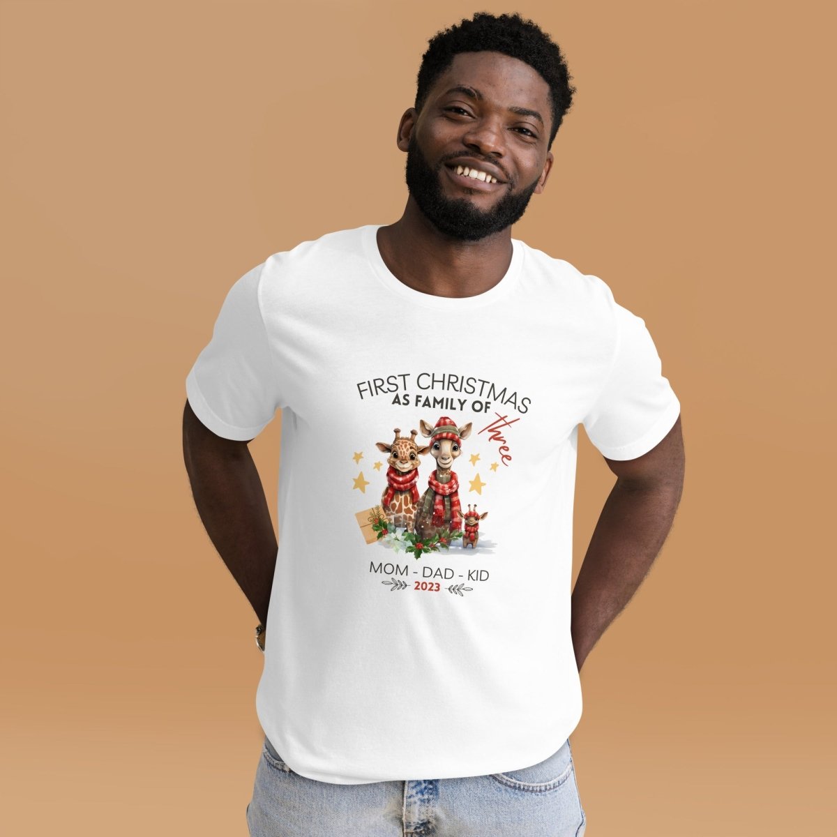 First Christmas as Family of Three - Personalised High Quality Unisex T-Shirt, Cute Custom Tee, First Holiday with Child, Matching Shirt - Everything Pixel