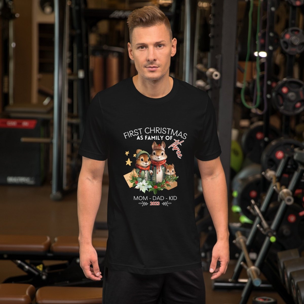 First Christmas as Family of Three - Personalised High Quality Unisex T-Shirt, Cute Custom Tee, First Holiday with Child, Matching Shirt - Everything Pixel