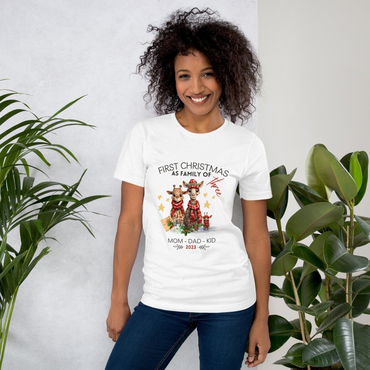 First Christmas as Family of Three - Personalised High Quality Unisex T-Shirt, Cute Custom Tee, First Holiday with Child, Matching Shirt - Everything Pixel