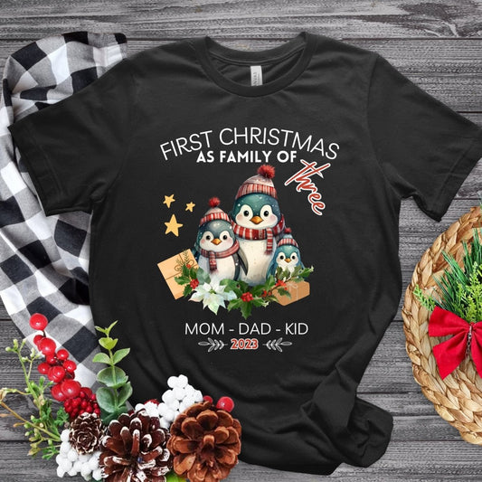 First Christmas as Family of Three - Personalised High Quality Unisex T-Shirt, Cute Custom Tee, First Holiday with Child, Matching Shirt - Everything Pixel