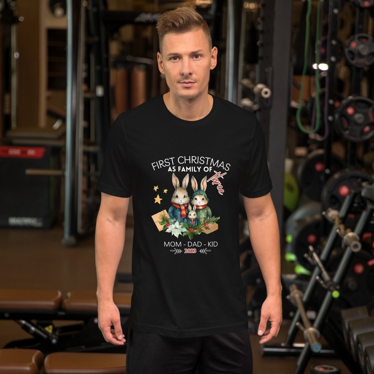 First Christmas as Family of Three - Personalised High Quality Unisex T-Shirt, Cute Custom Tee, First Holiday with Child, Matching Shirt - Everything Pixel