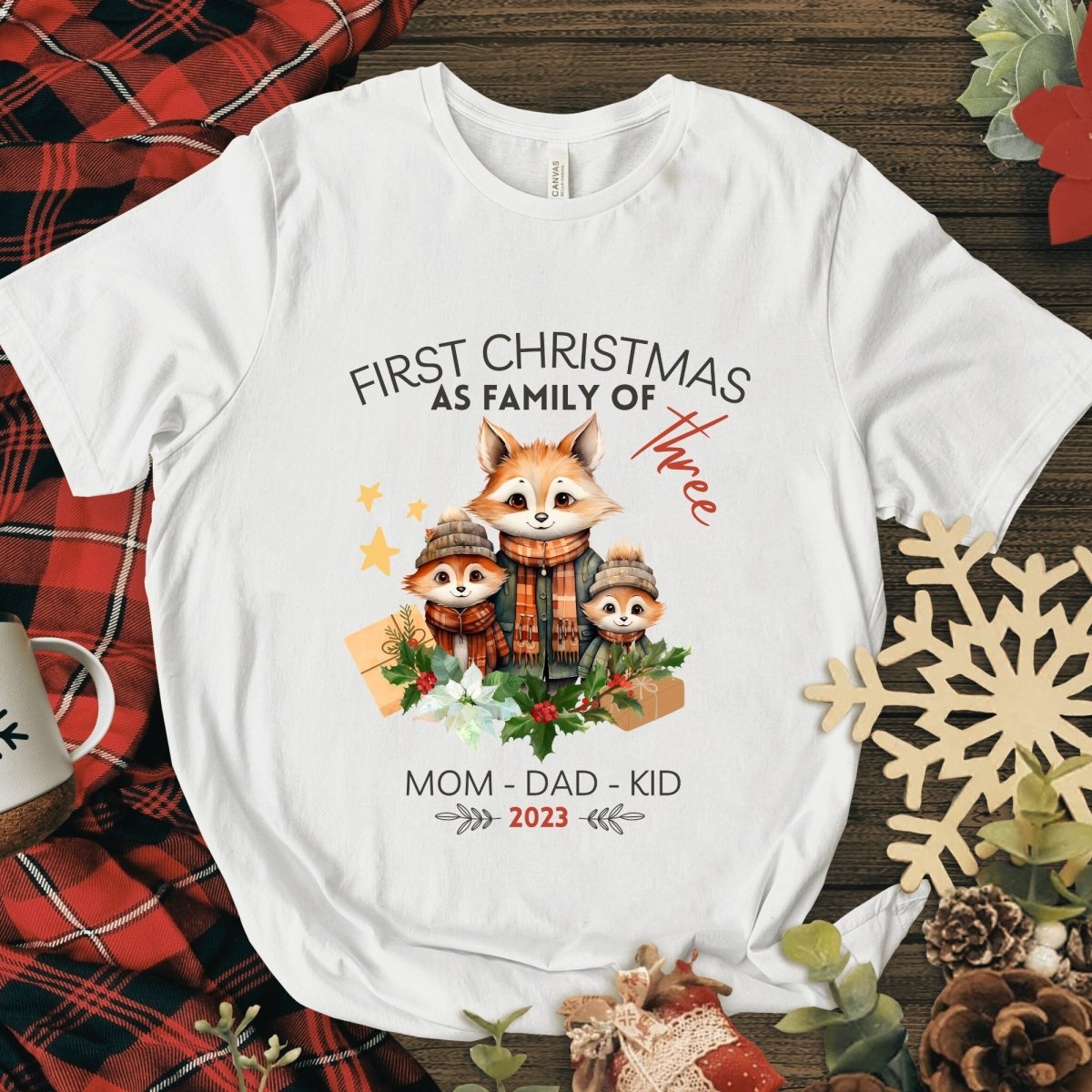 First Christmas as Family of Three - Personalised High Quality Unisex T-Shirt, Cute Custom Tee, First Holiday with Child, Matching Shirt - Everything Pixel