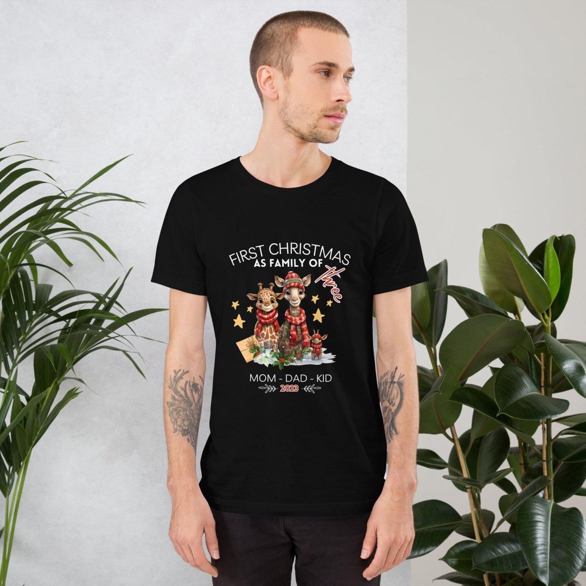 First Christmas as Family of Three - Personalised High Quality Unisex T-Shirt, Cute Custom Tee, First Holiday with Child, Matching Shirt - Everything Pixel