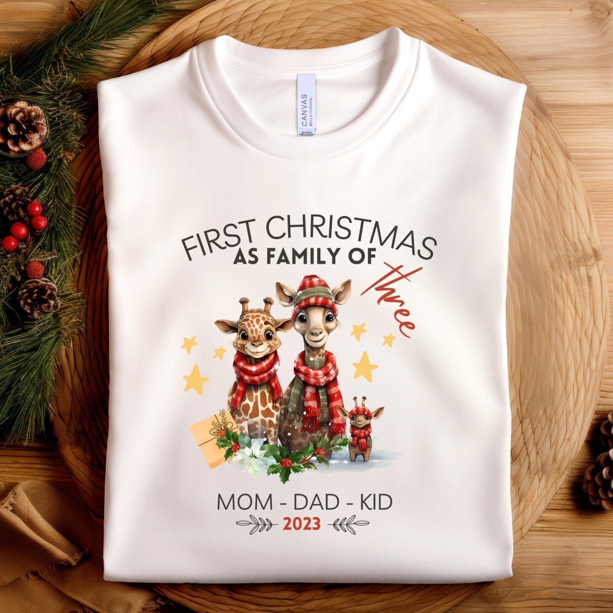 First Christmas as Family of Three - Personalised High Quality Unisex T-Shirt, Cute Custom Tee, First Holiday with Child, Matching Shirt - Everything Pixel