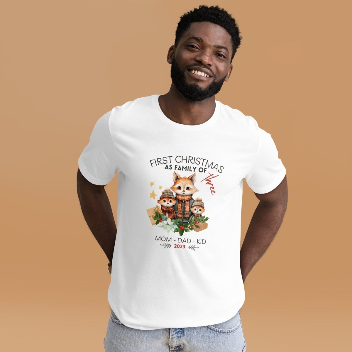 First Christmas as Family of Three - Personalised High Quality Unisex T-Shirt, Cute Custom Tee, First Holiday with Child, Matching Shirt - Everything Pixel