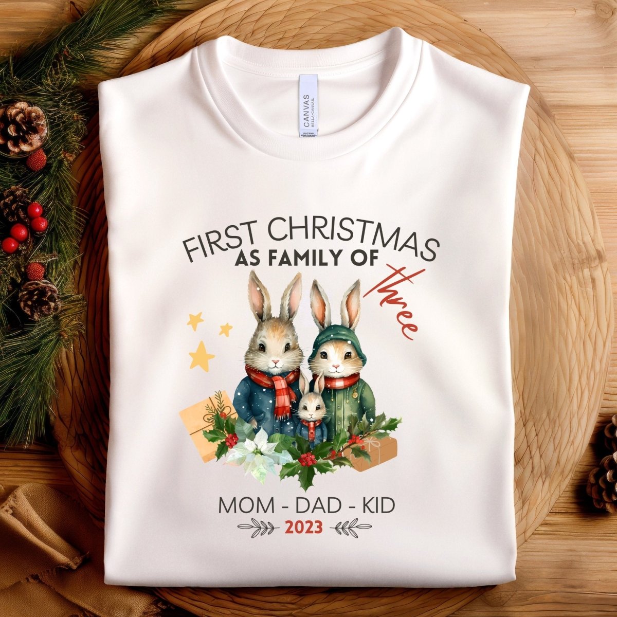 First Christmas as Family of Three - Personalised High Quality Unisex T-Shirt, Cute Custom Tee, First Holiday with Child, Matching Shirt - Everything Pixel