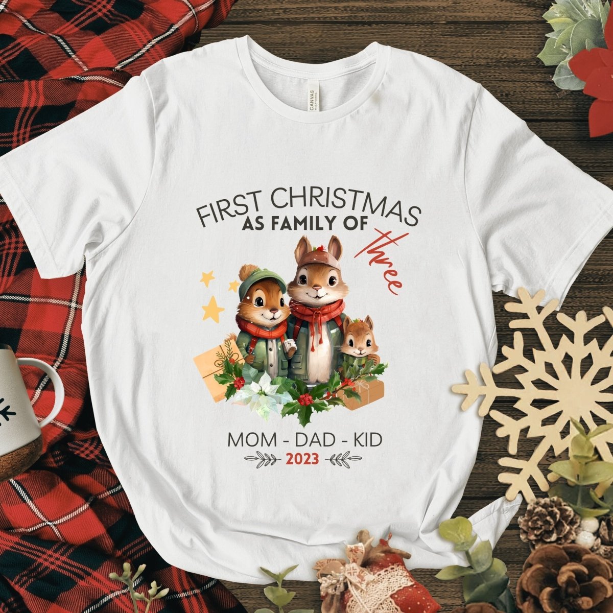 First Christmas as Family of Three - Personalised High Quality Unisex T-Shirt, Cute Custom Tee, First Holiday with Child, Matching Shirt - Everything Pixel