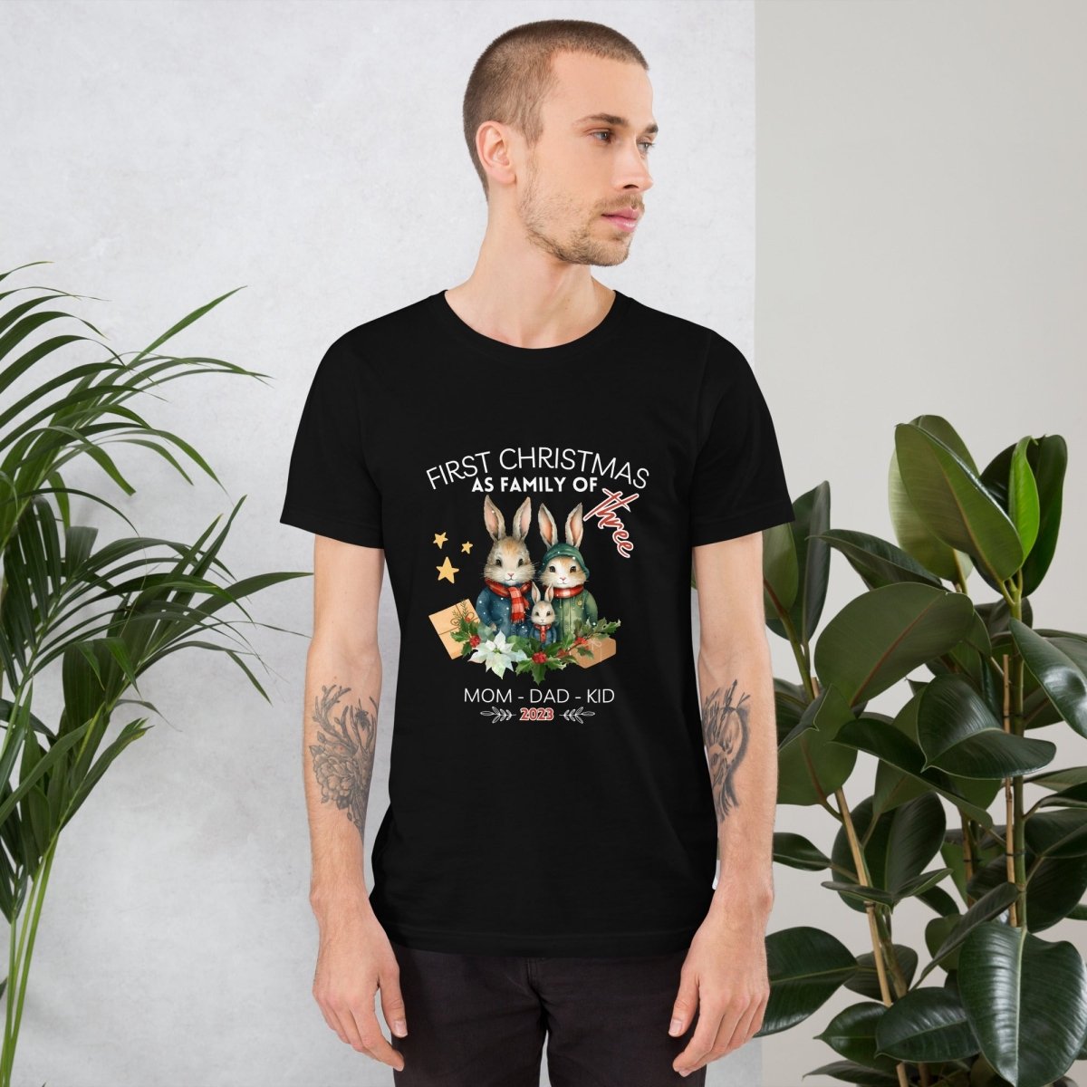 First Christmas as Family of Three - Personalised High Quality Unisex T-Shirt, Cute Custom Tee, First Holiday with Child, Matching Shirt - Everything Pixel