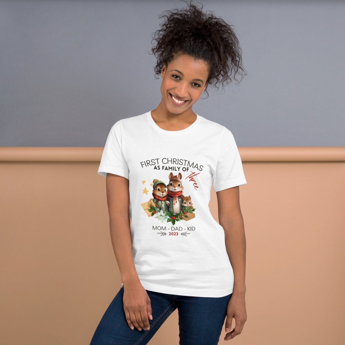 First Christmas as Family of Three - Personalised High Quality Unisex T-Shirt, Cute Custom Tee, First Holiday with Child, Matching Shirt - Everything Pixel