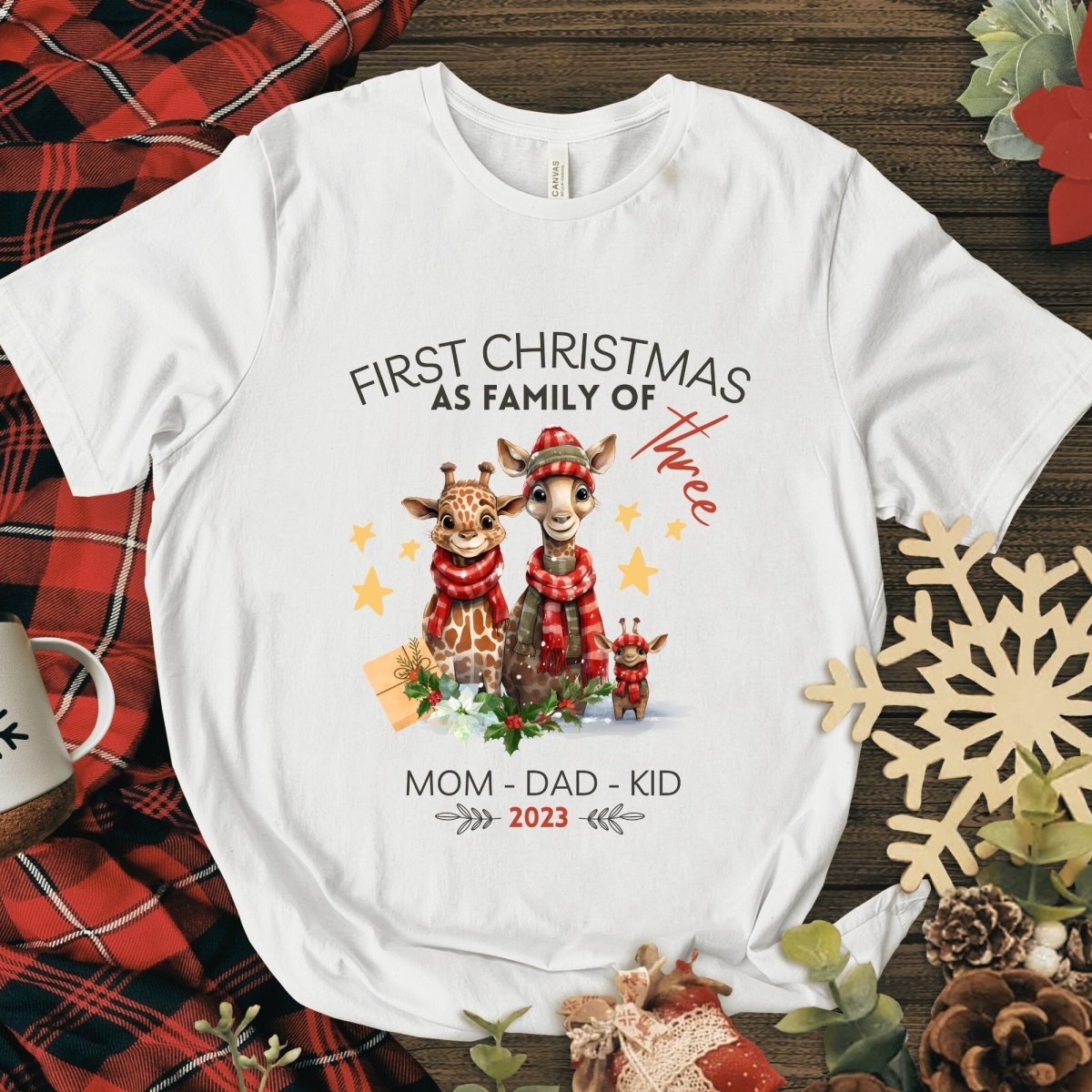 First Christmas as Family of Three - Personalised High Quality Unisex T-Shirt, Cute Custom Tee, First Holiday with Child, Matching Shirt - Everything Pixel