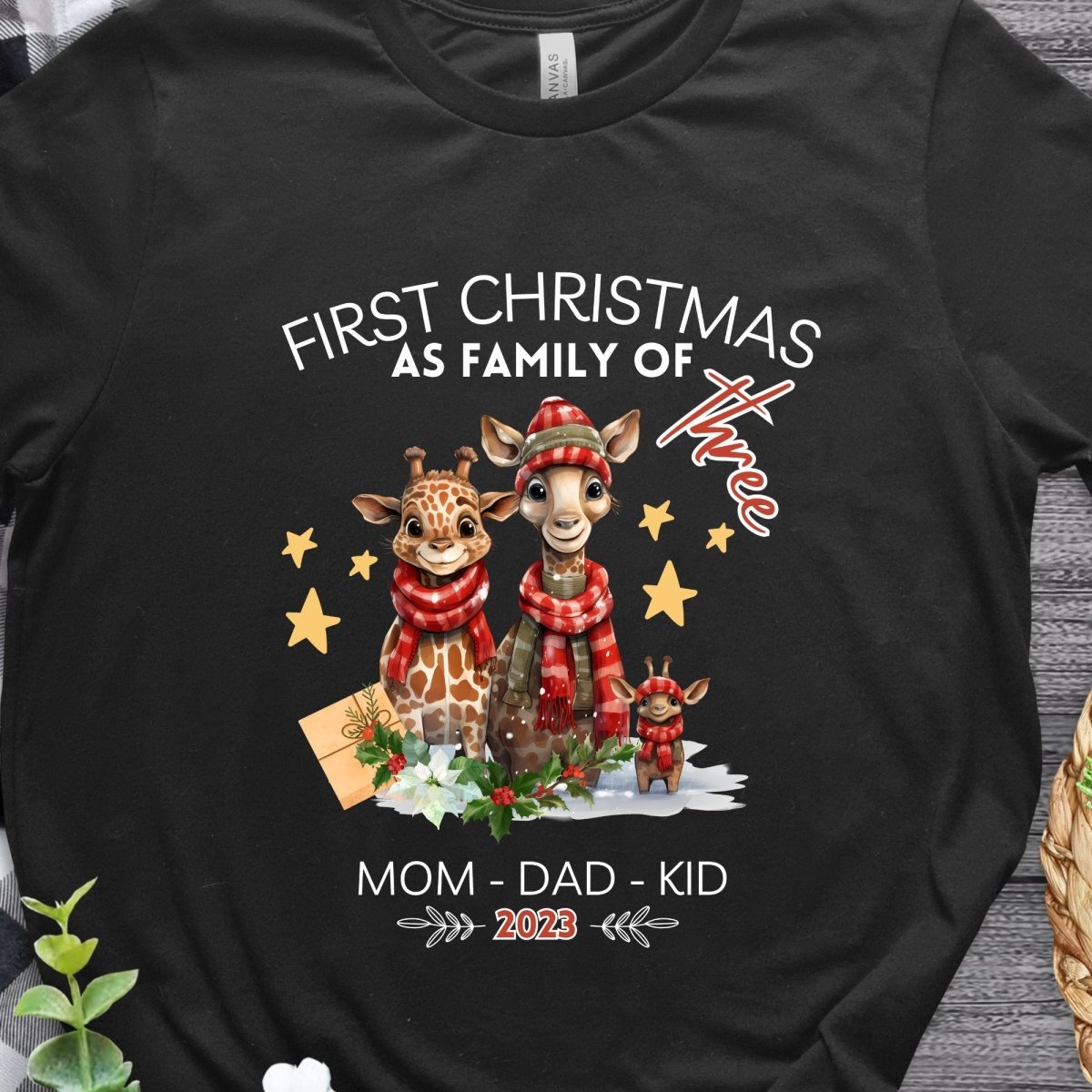 First Christmas as Family of Three - Personalised High Quality Unisex T-Shirt, Cute Custom Tee, First Holiday with Child, Matching Shirt - Everything Pixel