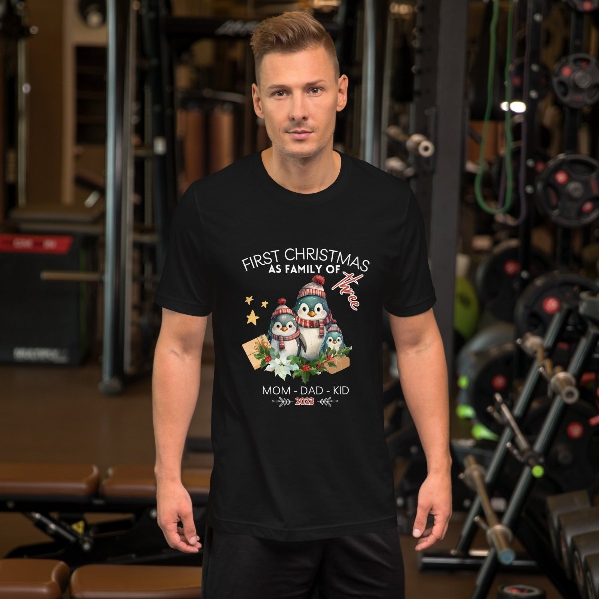 First Christmas as Family of Three - Personalised High Quality Unisex T-Shirt, Cute Custom Tee, First Holiday with Child, Matching Shirt - Everything Pixel