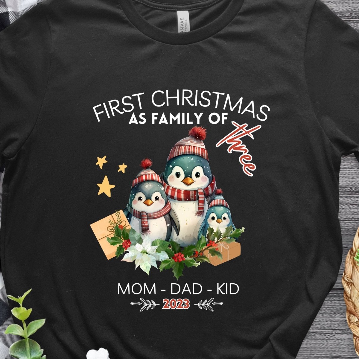 First Christmas as Family of Three - Personalised High Quality Unisex T-Shirt, Cute Custom Tee, First Holiday with Child, Matching Shirt - Everything Pixel