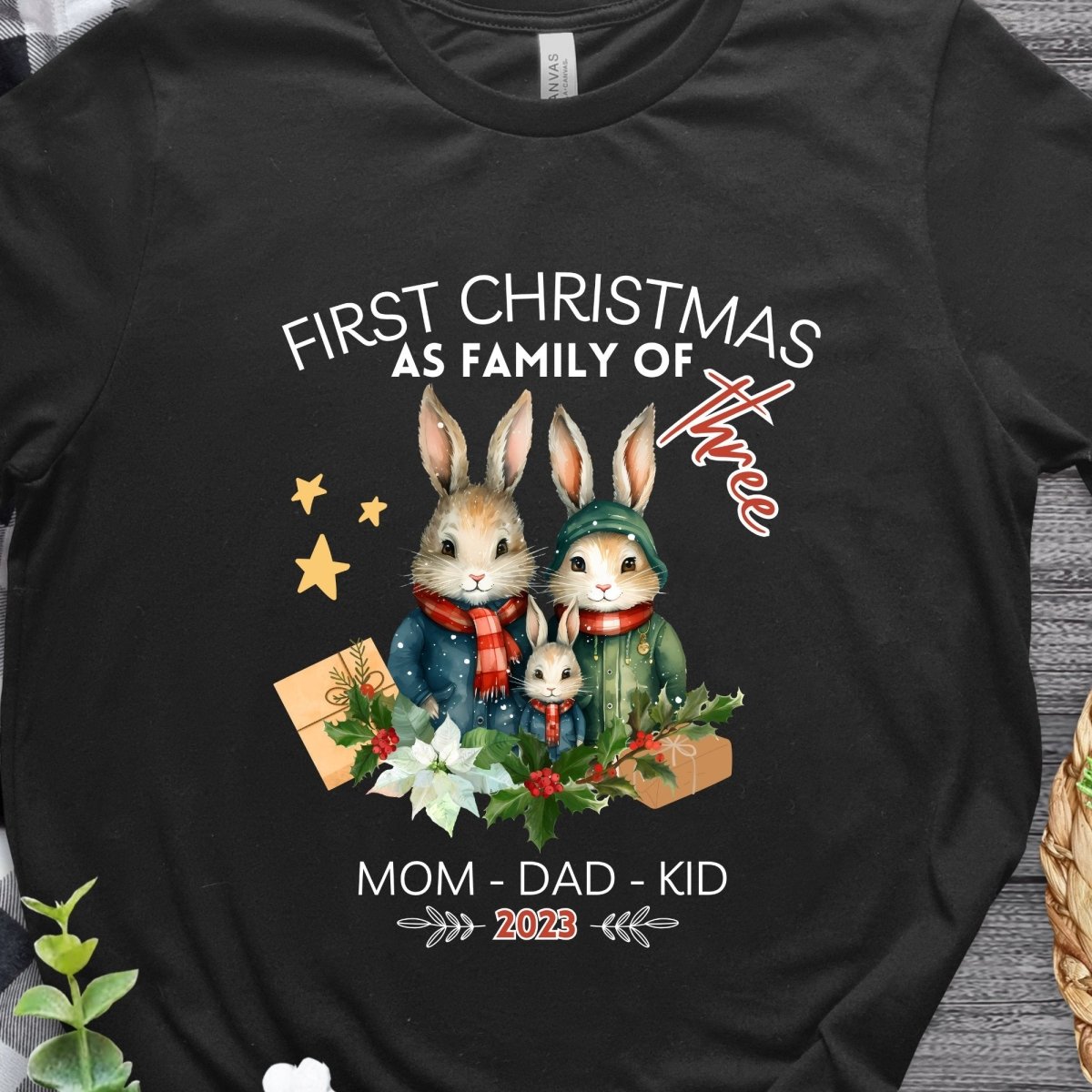 First Christmas as Family of Three - Personalised High Quality Unisex T-Shirt, Cute Custom Tee, First Holiday with Child, Matching Shirt - Everything Pixel