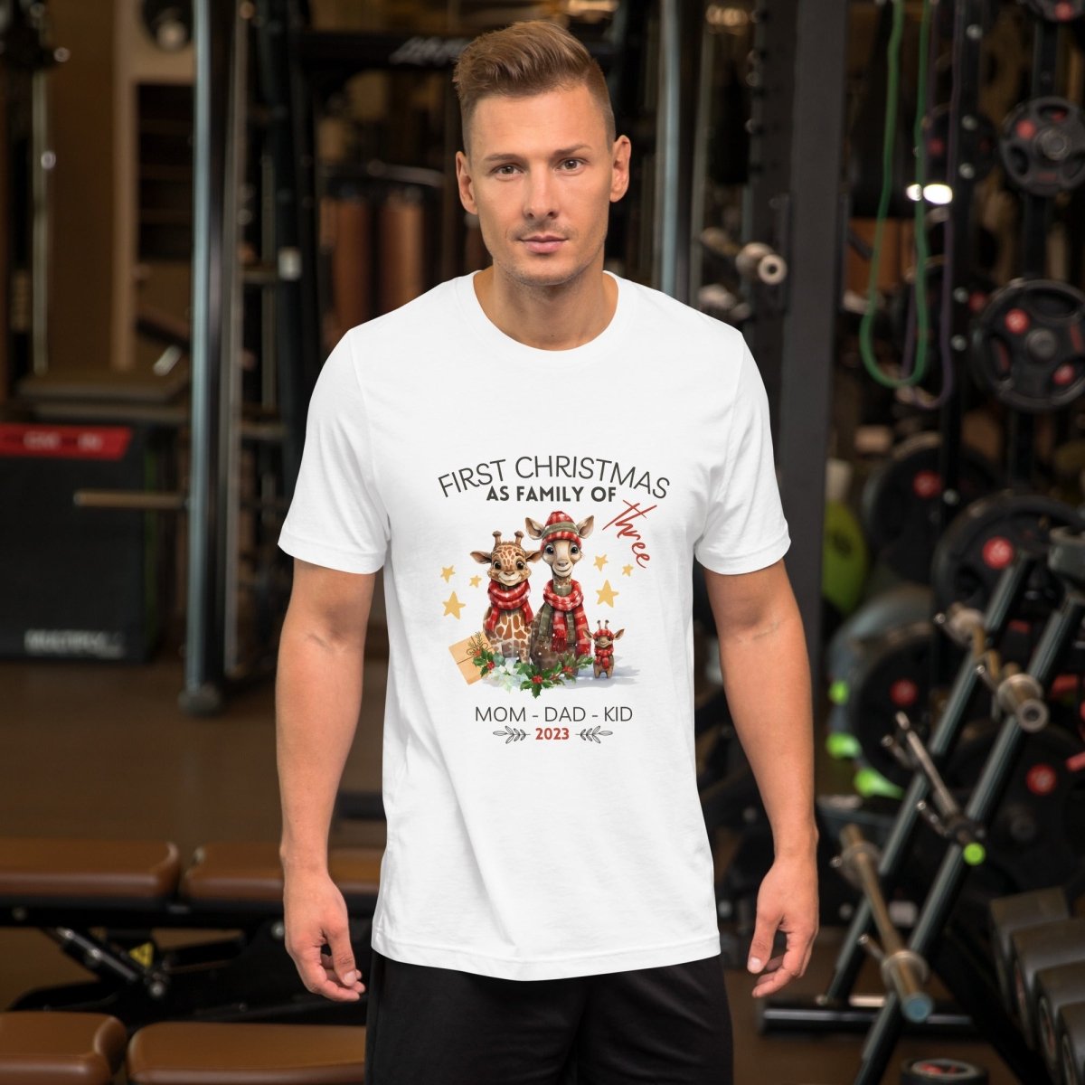 First Christmas as Family of Three - Personalised High Quality Unisex T-Shirt, Cute Custom Tee, First Holiday with Child, Matching Shirt - Everything Pixel