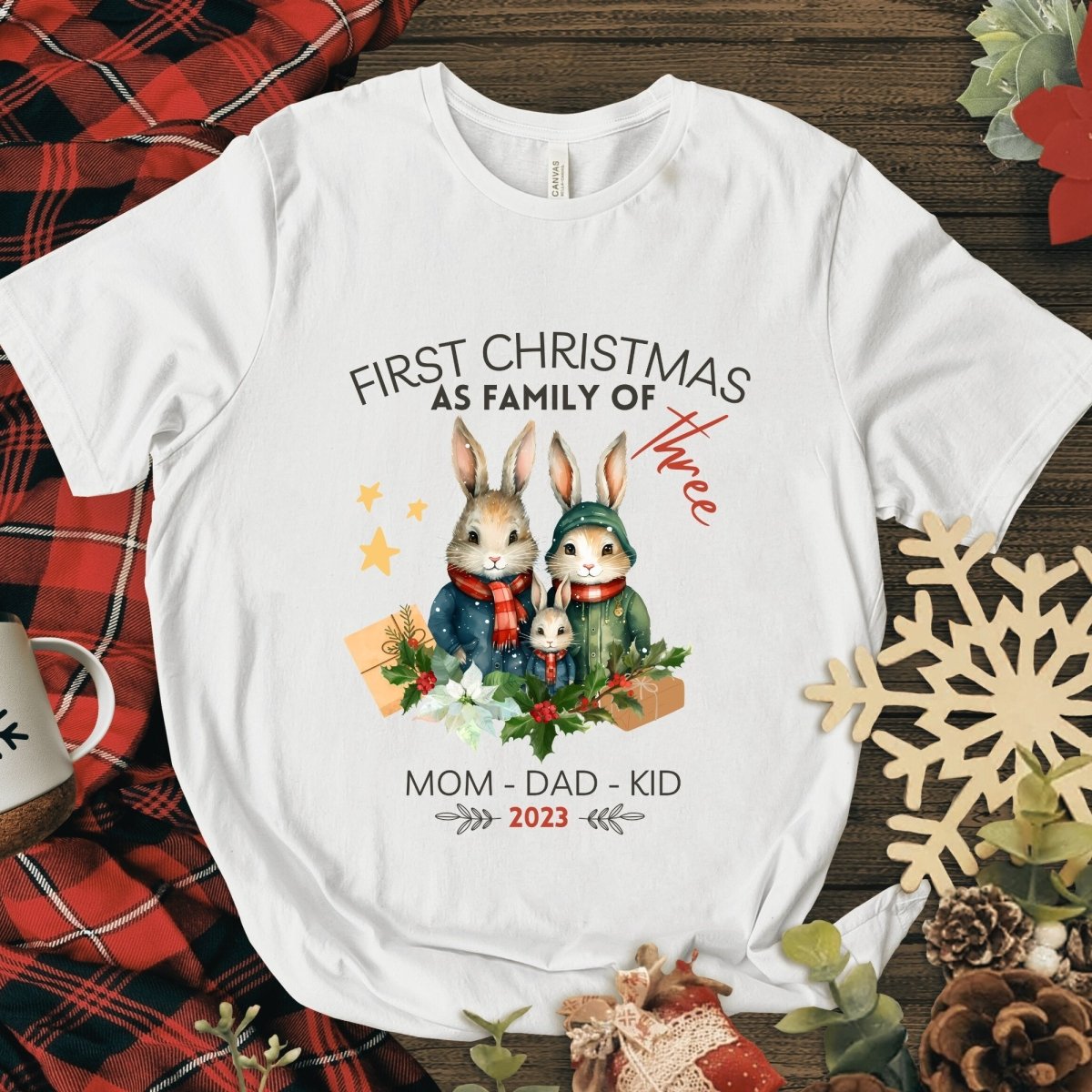 First Christmas as Family of Three - Personalised High Quality Unisex T-Shirt, Cute Custom Tee, First Holiday with Child, Matching Shirt - Everything Pixel